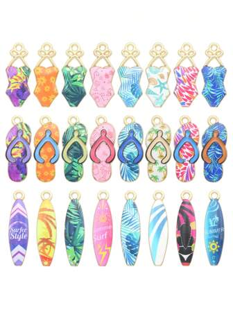 8pcs Ocean/Beach Surfboard, Bikini, Slipper, Zinc Alloy Printed DIY Fashion Jewelry Pendant, Necklace Accessories, Suitable For Everyday Wear