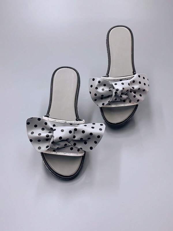 2025 New Arrival - Women's Grey Polka Dot Bow PVC Slide Sandals - Fashionable Strap Sandals, Casual Summer Style, Flat Slides