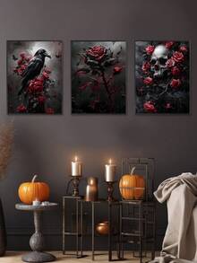 3 件复古乌鸦、玫瑰、骷髅、鲜血、复古哥特式美学艺术油画海报、卧室墙壁艺术、客厅墙壁装饰、餐厅墙壁装饰、厨房装饰、书房、走廊、宿舍装饰、送给朋友的理想礼物、墙壁艺术、墙壁装饰、家居装饰、房间装饰帆布画、海报、可选框架 - 彩色 - 查看 6