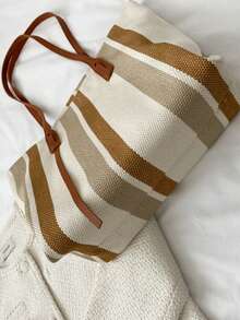 1PC韩版大容量女士单肩包女2025新款简约竖条纹休闲托特包时尚手提包 - 彩色 - 查看 9