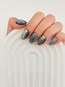 10 Stück handgemachte kurze ovale Kunstnägel, schwarz, Katzenaugen-Zebramuster Vollabdeckung wiederverwendbare Aufklebe-Nägel für Frauen, Reisen, Partys, Dates, Büroalltag, Festivitäten, Nagelbedarf