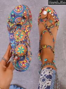 Sandalias de mujer estilo bohemio, sandalias planas tipo chanclas con estampado floral retro, sandalias planas casuales y vintage, pantuflas deslizantes para uso en el hogar, vacaciones y uso diario