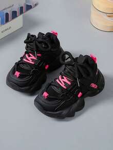 1 Pair Soft-Sole Anti-Slip Fashion Versatile Casual Outdoor Breathable Chunky Sneakers For Little Girls, Suitable For Spring And Autumn - màu đen - Xem 1