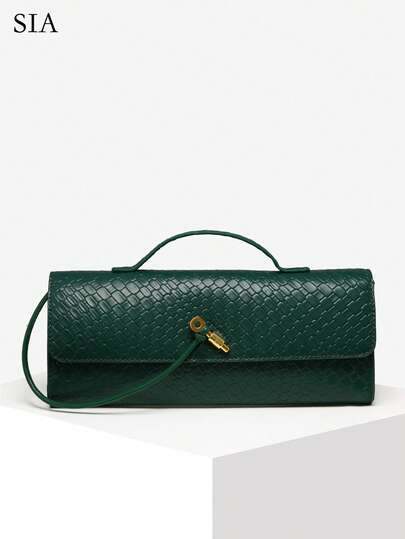 SIA Women's Retro Simplistic Woven Pattern Angora Red Vintage Flap Lock Large Capacity Clutch Handbag Shoulder Bag, Suitable For Evenings, Parties, And Daily Wear , Green