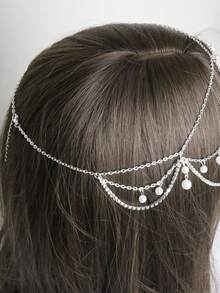 1pc Women's Silver Pearl & Zirconia Stone Claw Chain Exotic Tassel Headband Veil Headpiece, Delicate & Elegant Minimalist Bridal Accessory Halloween