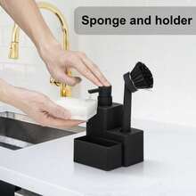 1pc Black 3-In-1 Kitchen Dishwashing Tool With Sponge Holder And Brush
