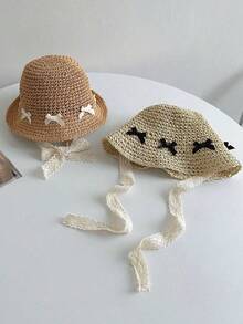 1 Pc Of Baby Girl Spring And Summer Sun Ion Tied Rope Hand Woven Straw Hat, Suitable For Daily Wear - Khaki - View 3