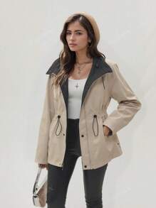 Giacca antivento da donna con cappuccio, casual, a mezza lunghezza, manica lunga