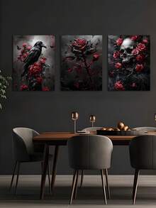 3 件复古乌鸦、玫瑰、骷髅、鲜血、复古哥特式美学艺术油画海报、卧室墙壁艺术、客厅墙壁装饰、餐厅墙壁装饰、厨房装饰、书房、走廊、宿舍装饰、送给朋友的理想礼物、墙壁艺术、墙壁装饰、家居装饰、房间装饰帆布画、海报、可选框架 - 彩色 - 查看 4