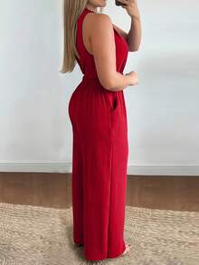 带腰带和口袋的梭织面料女式连体裤，适合节日、日常、生日派对、返校派对、单身派对、旅行、夏季 - 紅色 - 查看 4