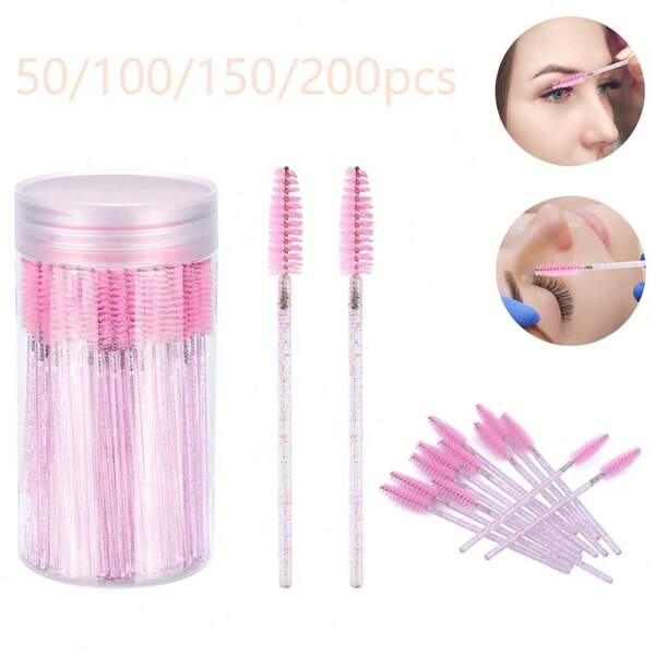 50/100/150/200 Stücke Mascara Pinsel, Augen Schwarz Stift mit Behälter, kleine Wimpernpinsel, Make-up Pinsel, biegsamer Einweg-Augenbrauenpinsel, Mascara Pinsel für Wimpernverlängerung, Augenbrauenpinsel, Rizinusöl Pinsel (nicht alle Varianten mit Flasche, Crystal Pink)