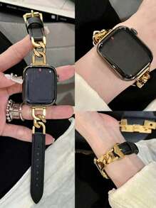 1 Stück modisches Hybrid-Armband aus Metall und Leder, geeignet für Series 9 8 7 SE 6 5 4 3 2 1, Unisex in 41mm 45mm 38mm 49mm 44mm 40mm 42mm, Schwarz/Gold Kombination, elegant und luxuriös