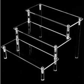 1 pieza Soporte de exhibición acrílico de 3 niveles, estantería escalonada transparente para cajas ciegas, juguetes, coleccionables y exhibición, diseño de patrones aleatorios