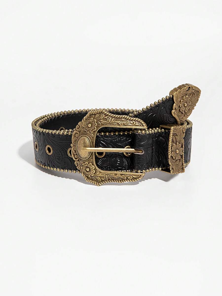 1pc Vintage Embossed Western Buckle Faux Leather Belt For Women, Suitable For Music Festival Styling And Decoration Summer, School Fall, Autumn, Halloween