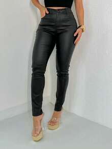 Calça Feminina Lisa Resinada Elastano Confortavel Blogueira Alta Tendencia - Preto - Visão 2