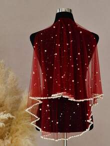 1 pièce Serre-tête de mariée en tulle bordeaux avec des perles de faux-perles, convient pour la cérémonie de mariage, la réception, les fiançailles. Accessoires pour tenues d'automne pour femmes, Saint-Valentin - V267 - Voir 2