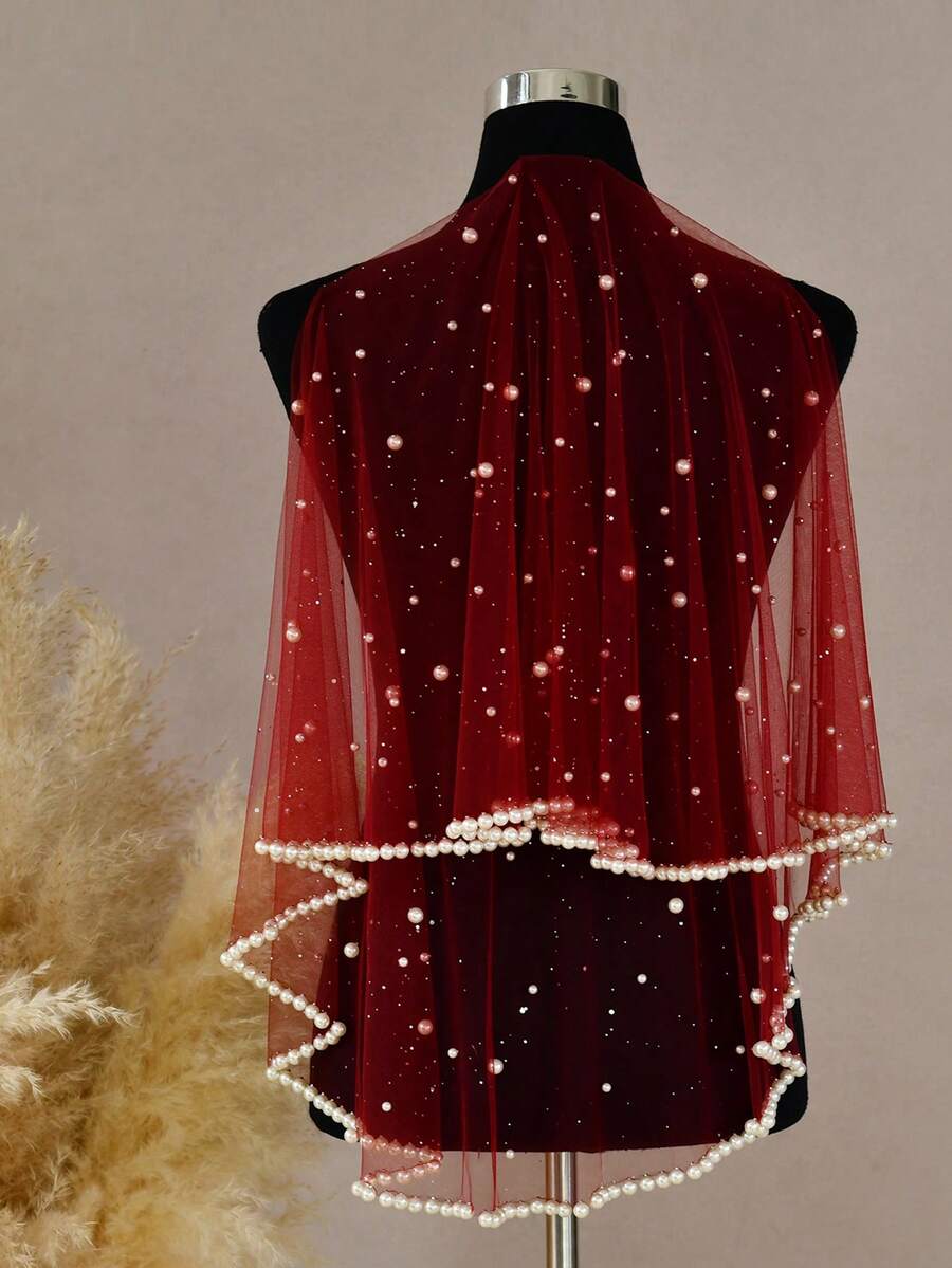 1 pièce Serre-tête de mariée en tulle bordeaux avec des perles de faux-perles, convient pour la cérémonie de mariage, la réception, les fiançailles. Accessoires pour tenues d'automne pour femmes, Saint-Valentin