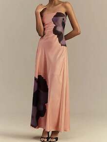 Women Floral Formal Strapless Column Satin Maxi Dress Backless Maxi Long Dresses Y2K Sleeveless Bodycon Tube Summer Sundress - 藕粉色 - 查看 1