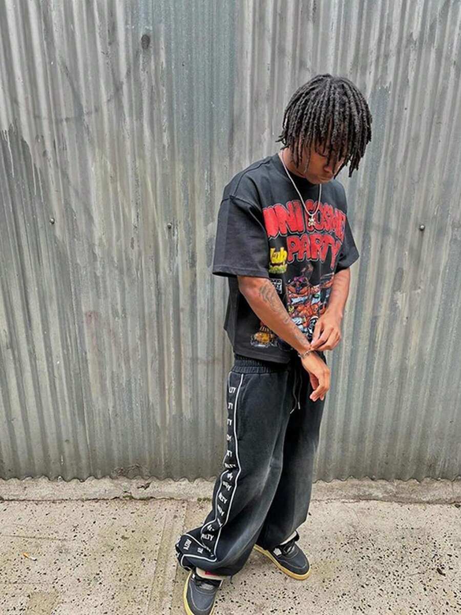 Double Sided Printed (220 Cotton T-Shirt)  Y2k Style Cross Pattern And Letters Double-Sided Printed Men's Casual Soft 100% Cotton All Inclusive Round Neck Short Sleeved T-Shirt