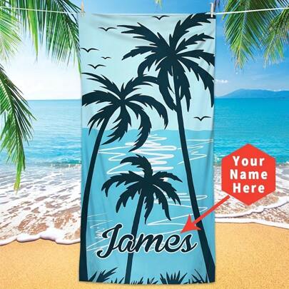 1pc 29″X58″ 31″X71″ Custom Name Beach Towel - Ultra-Soft Quick-Dry Microfiber With Tropical Palm Tree & Ocean Design, Personalized For Beach, Yoga, Sunbathing & Sports, Personalized Beach Towel Bathroom Decor SummerTravel Essentials Travel Accessories Beach Essentials