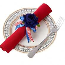 6pcs New Jute Napkin Rings, Hotel Tabletop Decor Cloth Loops, Bowknot Napkin Rings, Tabletop Decor Rings, Theme Red White Blue Rose Napkin Rings, Handmade Rose Holiday Tablescape Napkin Rings