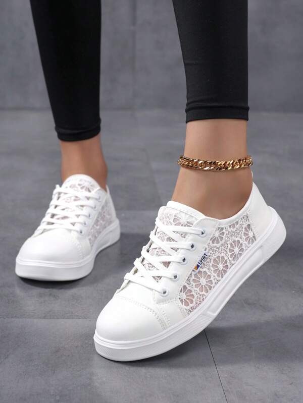 Women's Summer Lace Hollow Mesh Breathable Casual Shoes, Lightweight White Sneakers, Suitable For Nurses, Students And Everyday Wear