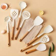 1pc/8pcs Wooden Handle Silicone Utensil Set, Non-Stick Cookware, Silicone Spatula, Wooden Spatulas, Soup Ladle, Rice Paddle, Kitchen Gadgets, Heat-Resistant &