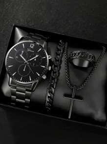 4-Piece Men's Luxury Gift Set: Stainless Steel Quartz Watch, Cross Pendant Necklace, Bracelet And Ring, Perfect Business & Casual Accessories - Ideal Gift For Him