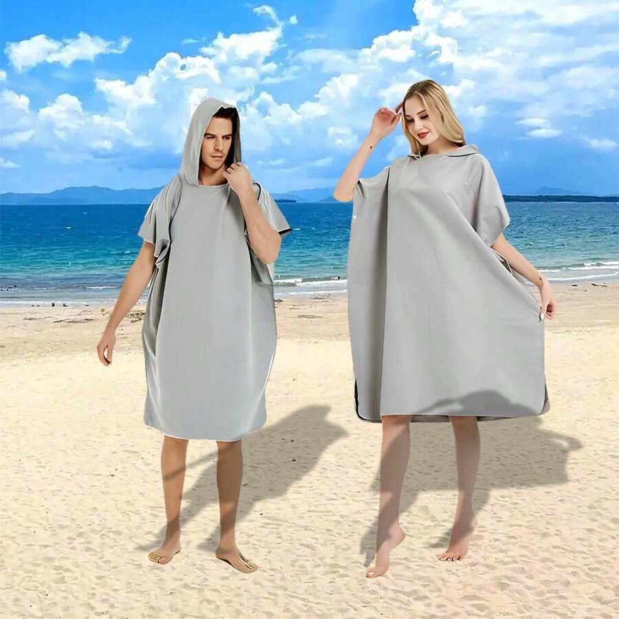 1pc Super Soft Microfiber Beach & Swimwear Hooded Robe Towel, Adult Solid Color Bathrobe, Quick Drying
