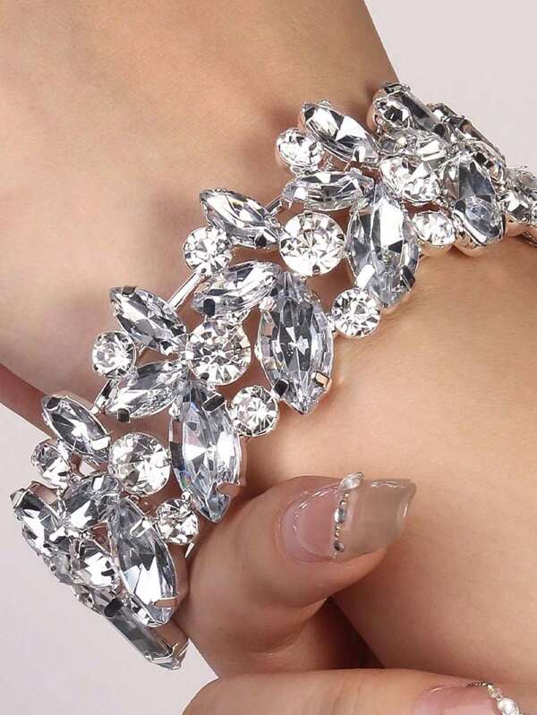 1pc Silver Rhinestone Openwork Bangle Bracelet, Luxurious Stage Accessory For Women