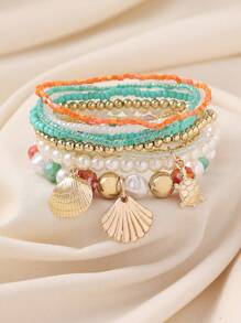 Conjunto de 8 pulseiras coloridas estilo boêmio com contas, pérolas artificiais, vieiras e tartarugas - adequado para mulheres, uso casual diário, praia, uso para festas, presente adorável