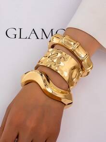 3 件/1 套简约几何波浪竹节形不对称金属手镯套装，适合女性，厚哑光金属和锌合金材质 - 明亮 - 查看 16