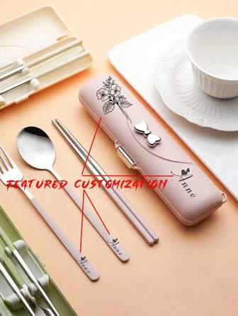 3pcs Stainless Steel Cutlery Set Including Spoon, Fork And Chopsticks, Convenient Tableware Suitable For Students And Outdoor Use, With Bowknot Decor, Kitchen, Holiday Gifts, Back To School Gifts, Work Gifts, Brunch-Ready, Multi-Functional, Durable, Ornamental, Reusable, Exquisite, Stylish, High-Quality, Colorful, Modern, Custom, Personalized, Unique, For Valentine's Day, For Mother's Day, For Birthdays, For Father's Day, For Graduation, For Weddings, For Housewarming