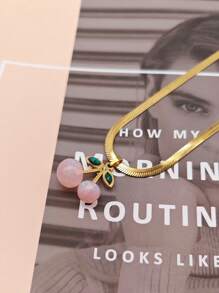 1pc Stainless Steel Cherry Design Zirconia Inlay Necklace, Elegant Minimalist Versatile Women Jewelry Gift