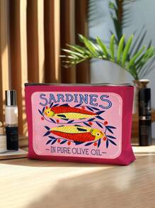Retro Sardines Cosmetic Pouch,Olive Oil And Lemon Design, Unisex Adult Polyester Mini Makeup Bag, Hypoallergenic Zippered Toiletry Case, Pink Zippered Cosmetic Bag, Multifunctional Snack, Stationery Or Gift, Tin Fish Print Accessory Clutch, Cosmetic Pouch For Girls Women, Makeup Bag, Toiletry Bag For Travel, School, And Commuting,Unisex Adult Portable Storage Bag