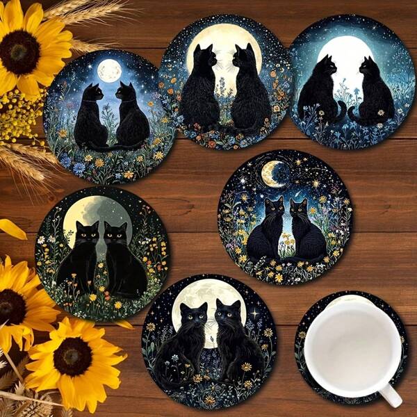 6pcs Black Cat & Moon Art Design Coaster Set - Floral 2D Print Beverage Coasters, Suitable For Drinks, Coffee And Tea, Ideal Home, Bar And Restaurant Decor, Great As Gifts