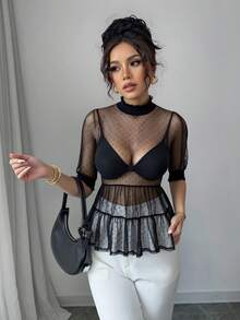 Vestido  mini vaporoso mesh romántico sexy cortes con olán cuello alto costura drapeada manga corta smog bajo amplio cómodo transparente bolitas dama mujer primavera verano noche fiesta evento concierto festival comida playa jardín - Negro - Ver 1