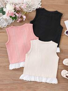 3 件套休闲罗纹针织面料荷叶边下摆无袖圆领上衣，轻盈且略有弹性，夏季 - 藕粉色 - 查看 2