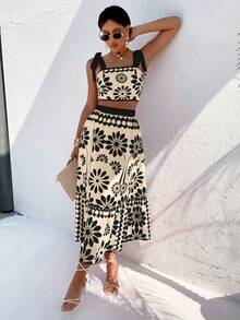 AIJ Amarilo 女士夏季度假印花吊带露脐上衣和长裙两件套（定位印花）