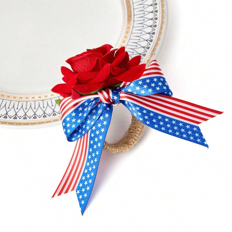 6pcs New Jute Napkin Rings, Hotel Tabletop Decor Cloth Loops, Bowknot Napkin Rings, Tabletop Decor Rings, Theme Red White Blue Rose Napkin Rings, Handmade Rose Holiday Tablescape Napkin Rings