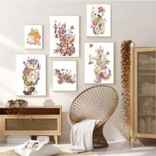 1pc Colorful Cat Dog Rabbit Tiger Animal Canvas Painting Nursery Poster Wall Art Printing Pink Flower Pictures Kid Room Optional Frame ,Wall Art With Frame