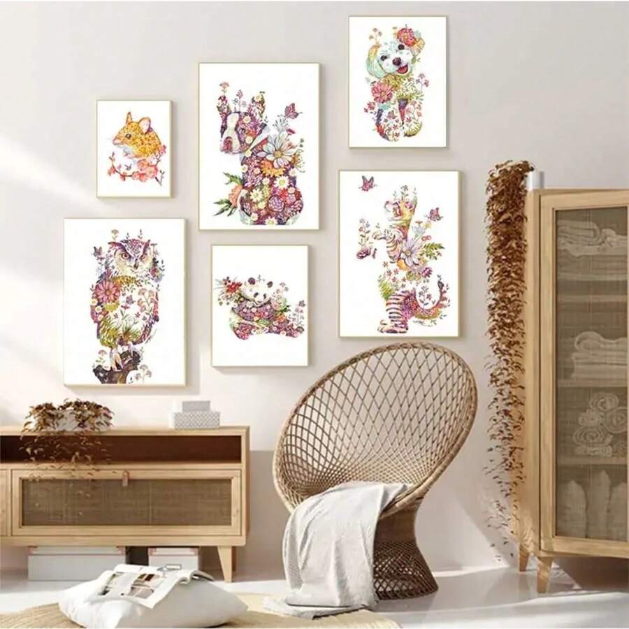 1pc Colorful Cat Dog Rabbit Tiger Animal Canvas Painting Nursery Poster Wall Art Printing Pink Flower Pictures Kid Room Optional Frame ,Wall Art With Frame