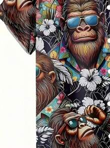 Plus Size All Over Floral Print Button Front Casual Short Sleeve Shirt, Summer