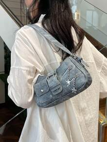 2025 New Fashion Punk Street Denim Blue Crossbody Shoulder Bag For Women, Large Capacity
