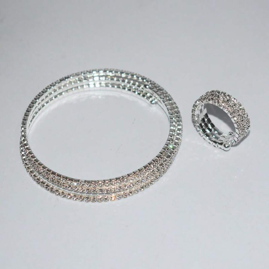 Set de 2 piezas de brazalete y anillo con decoración de diamantes, estilo minimalista de moda adecuado para mujeres, uso diario, formal, de fiesta y como regalo