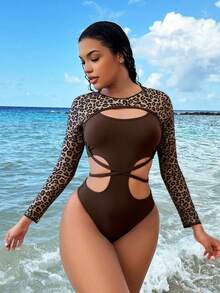 2pcs Set Fashion Leopard Print Mesh Halter Tankini Swimsuits With Tie-Front & Hollow-Out Details - Brown - View 1