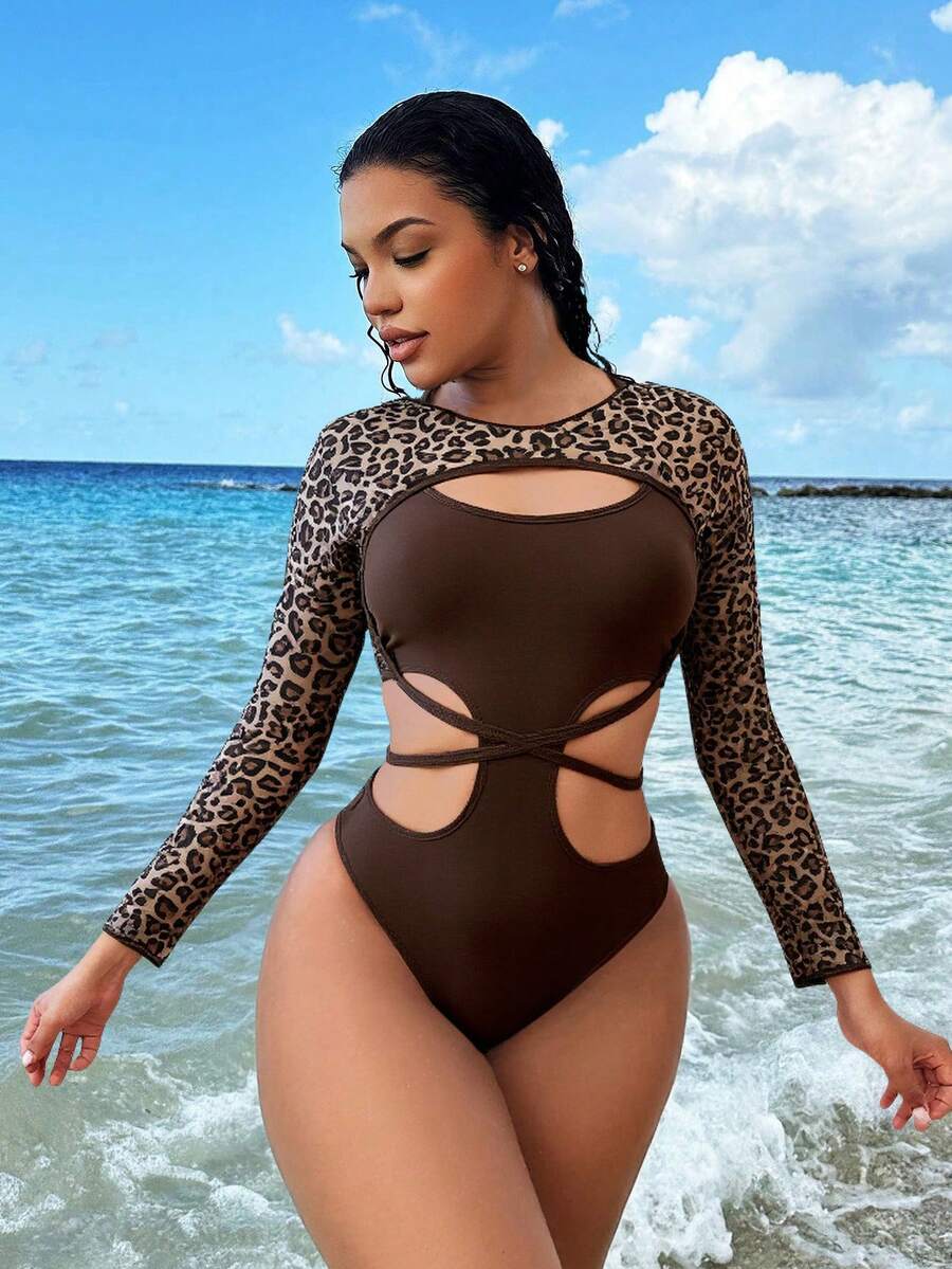 2pcs Set Fashion Leopard Print Mesh Halter Tankini Swimsuits With Tie-Front & Hollow-Out Details - Brown - View 1