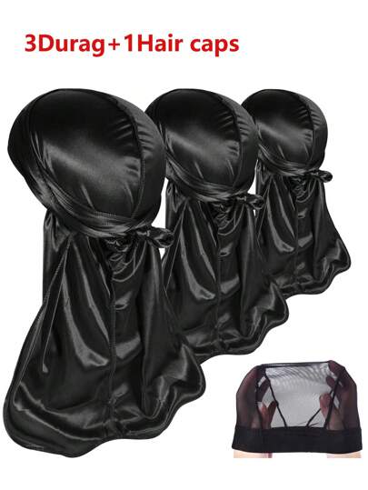 Conjunto de 4 peças Durag masculino de cor sólida, estilo casual, adequado para uso diário, Durag e bandana, primavera, verão, outono