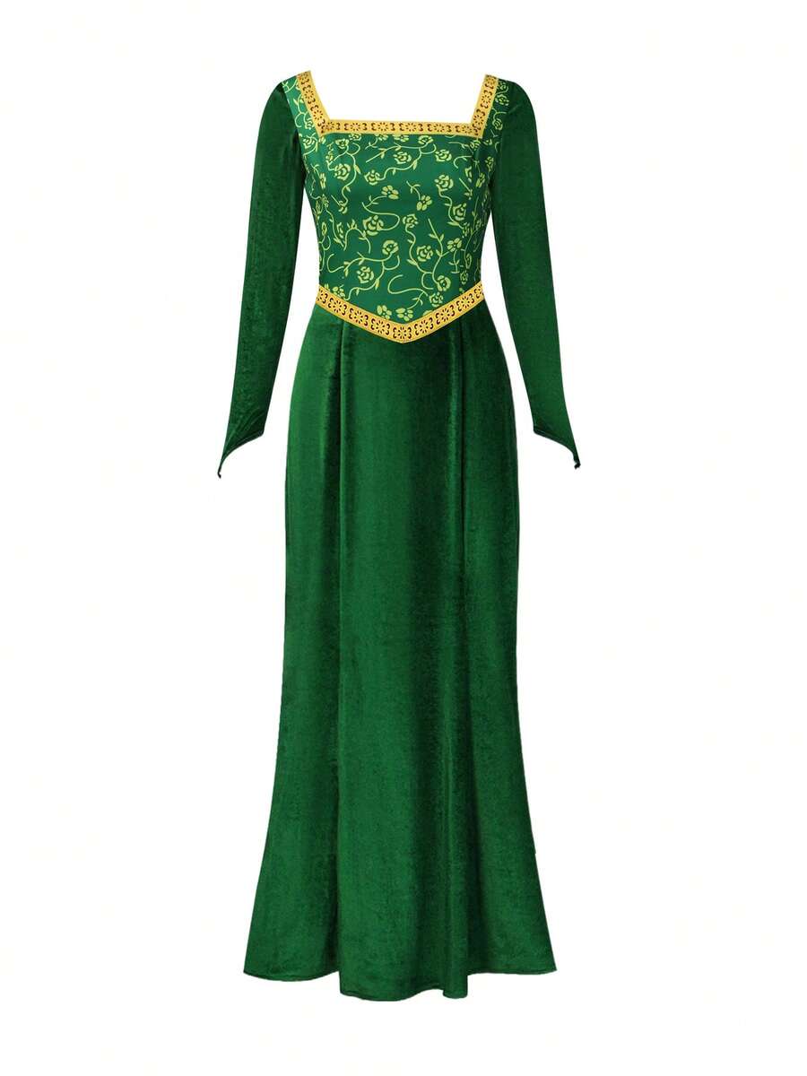 1 pieza Vestido con estampado floral de poliéster para el disfraz de cosplay de Fiona, adecuado para primavera, otoño y Halloween - Verde - Ver 1