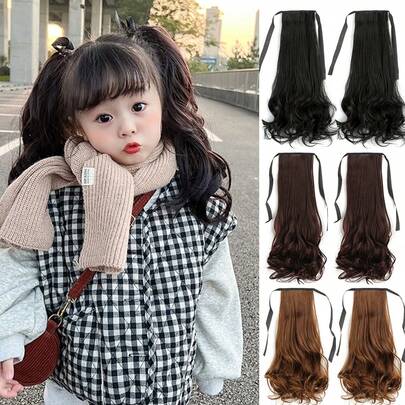2 件儿童合成波浪编织流苏假马尾假发卷发马尾女孩性感接发配件